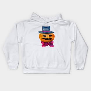 Carved Pumpkin Head with Blue Hat and Bowtie Kids Hoodie